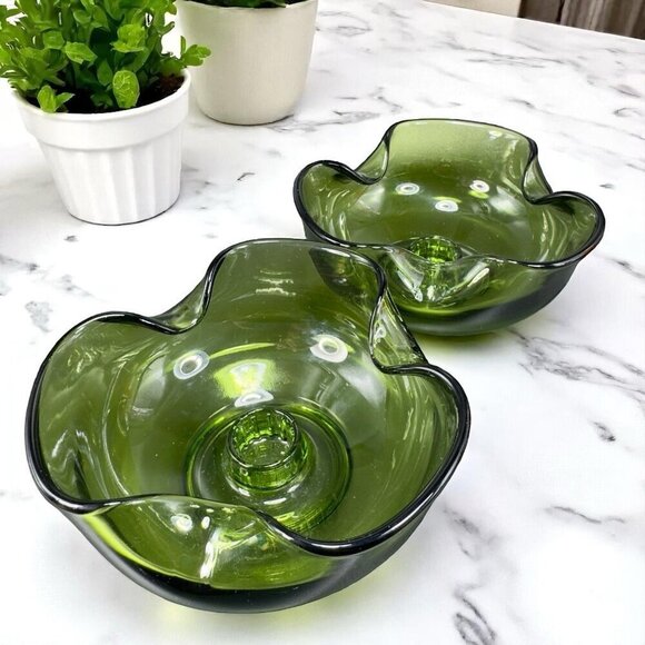 Anchor Hocking Modern Avocado Candlestick Holders Green Set 2 Folded Edge Votive - Picture 1 of 15